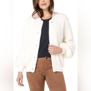 Liverpool Los Angeles button front sweater bomber in “snow” medium